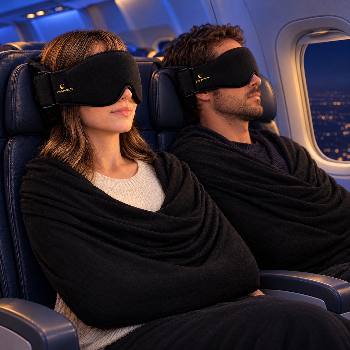 Couple resting with The Snooze Set on a night flight