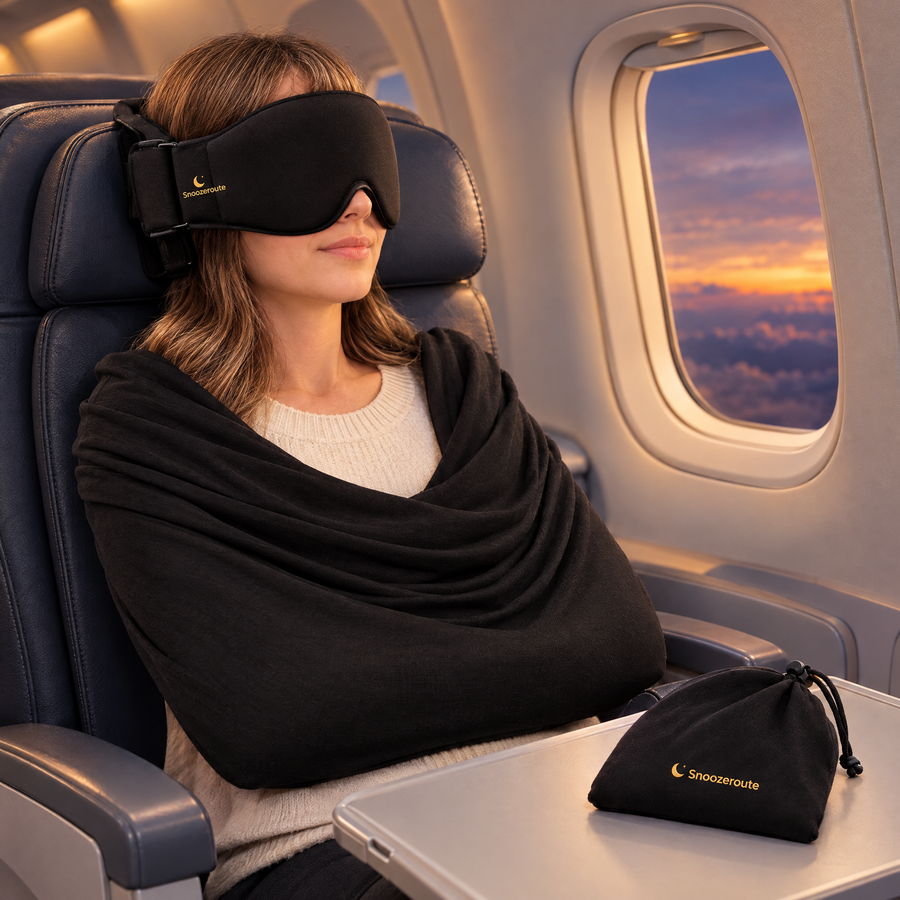 Traveler sleeping upright with The Snooze Set on a plane