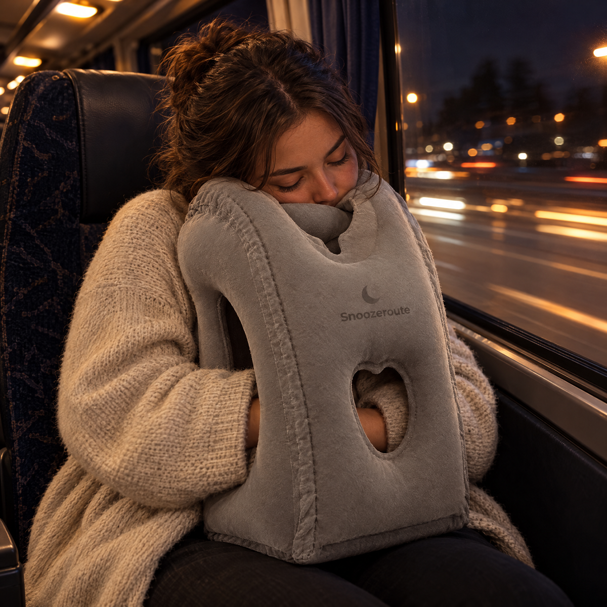 Traveler resting on The Snooze Pillow on a night bus