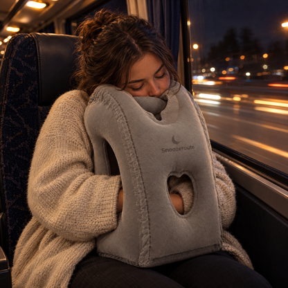 Traveler resting on The Snooze Pillow on a night bus