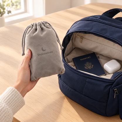 The Snooze Pillow packed in its pouch next to a backpack