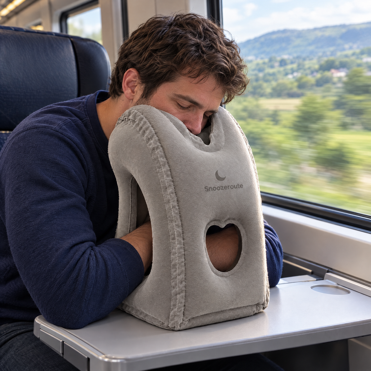 Traveler sleeping on The Snooze Pillow on a train table