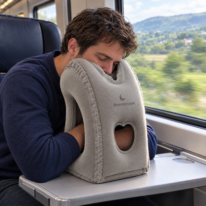 Traveler sleeping on The Snooze Pillow on a train table