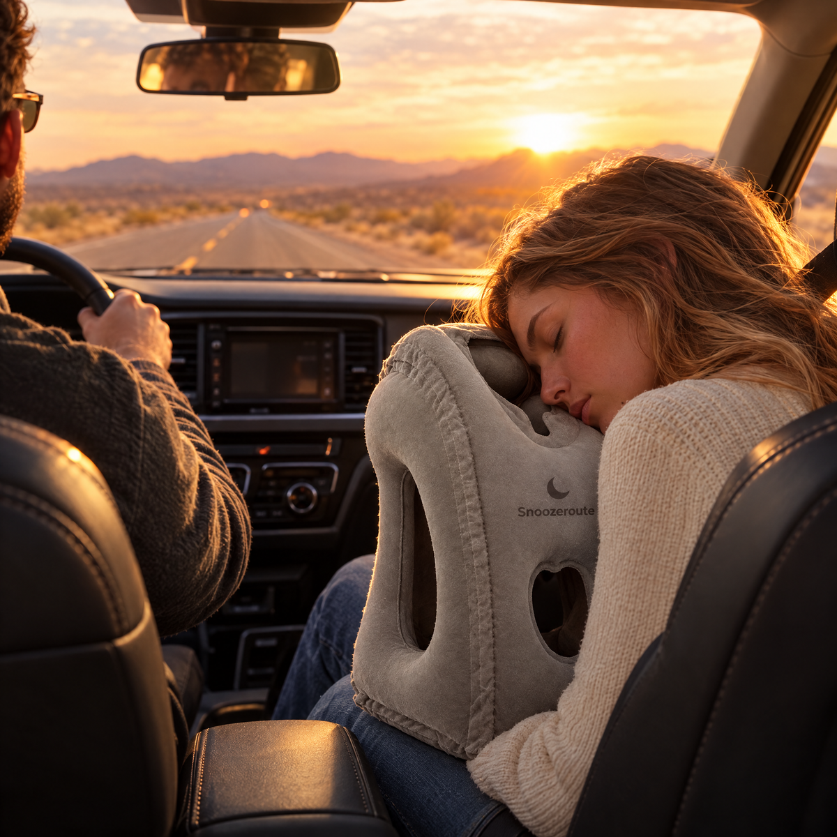 Passenger napping on The Snooze Pillow during a road trip