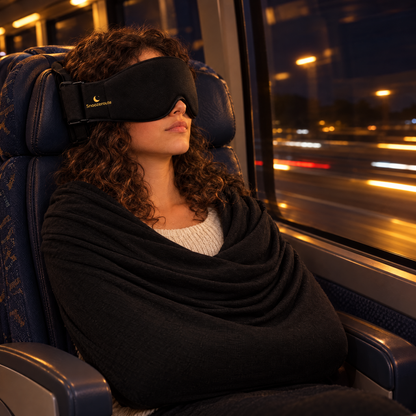 Traveler resting with The Snooze Set on a night bus