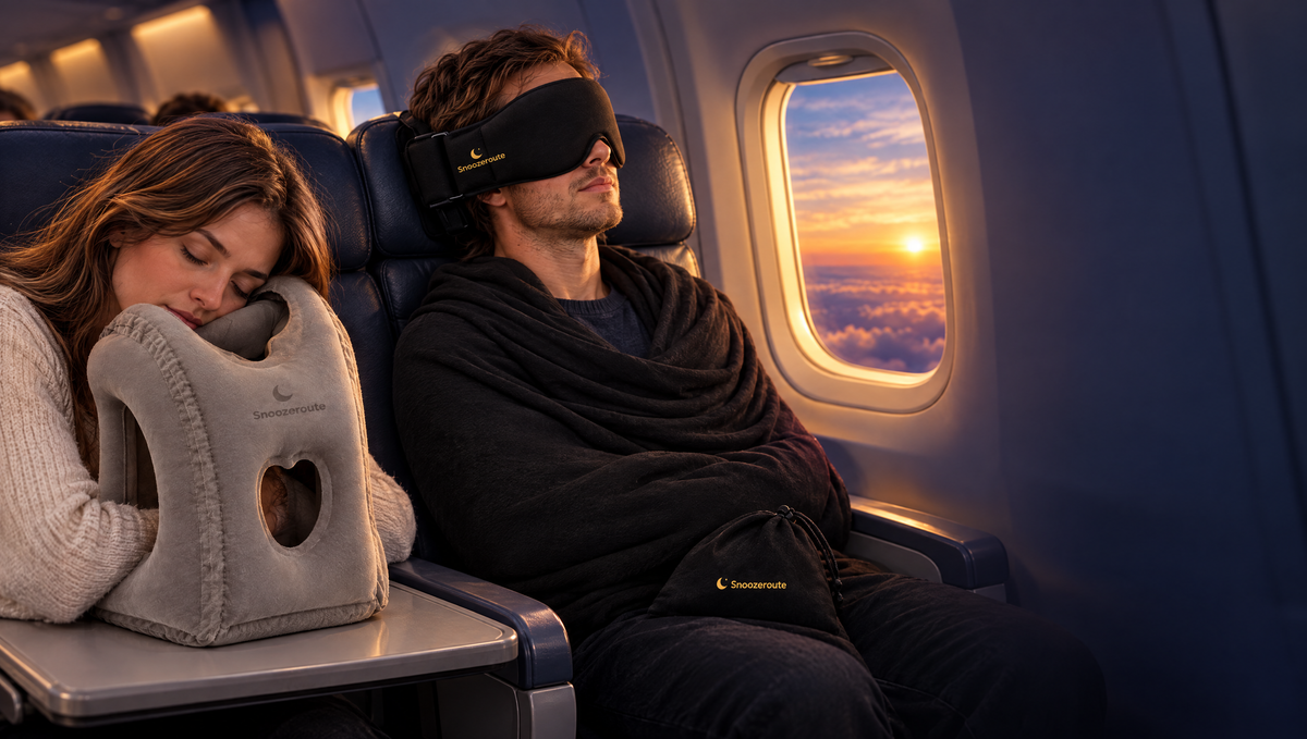 Two travelers sleeping with the Snooze Pillow and the Snooze Set on a plane